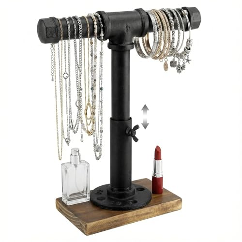 MyGift Industrial Pipe Black Metal T-Bar Jewelry Bracelet & Necklace Adjustable Height Display Stand with Brown Wood Base - color: Black / Brown