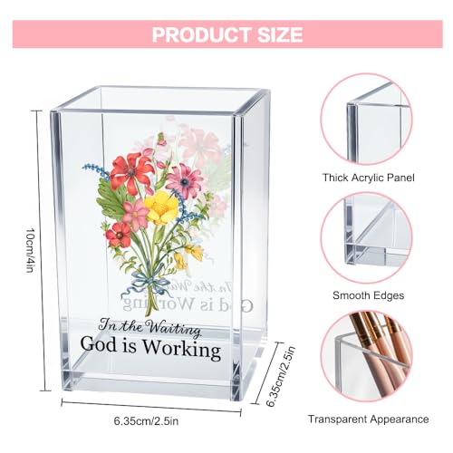 in The Waiting God is Working Acrylic Cosmetic Bible Verse Pencil Pen Holder Cup, Floral Christian Desk Organizer Accessories for Home Office Decor, Christian Faith Gifts for Women Girl Coworker - style: Waiting