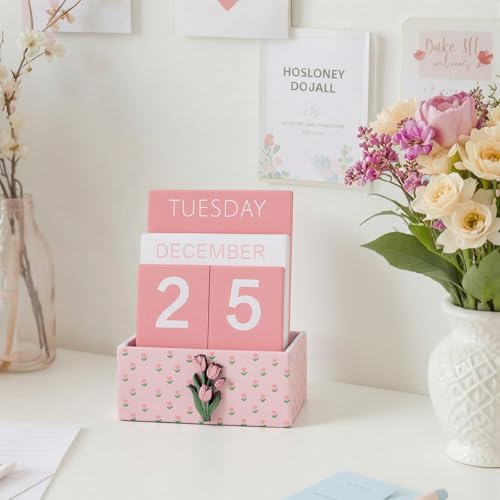 AceOrbit Pink Tulip Wood Block Perpetual Calendar Coquettish Desk Decor Cute Month Week Date Display Decorative Block Calendar for Women Office Home Desk Gift for Women - style: Pink Tulips