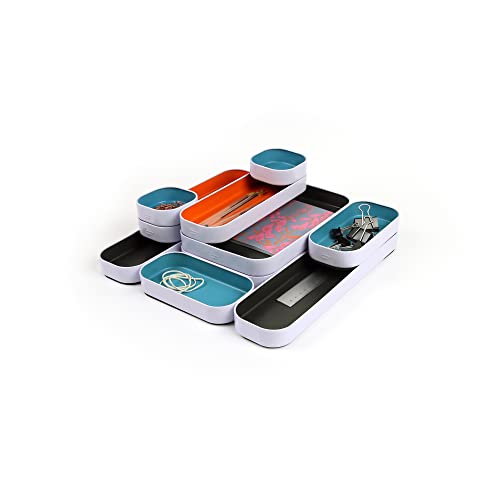 Three by Three Seattle 10 Piece Metal Organizer Tray Set for Storing Makeup, Stationery, Utensils, and More in Office Desk, Kitchen and Bathroom Drawers (1 Inch, Gray, Sky Blue, Orange) - color: Gray, Sky Blue, Orange, size: 10 Piece