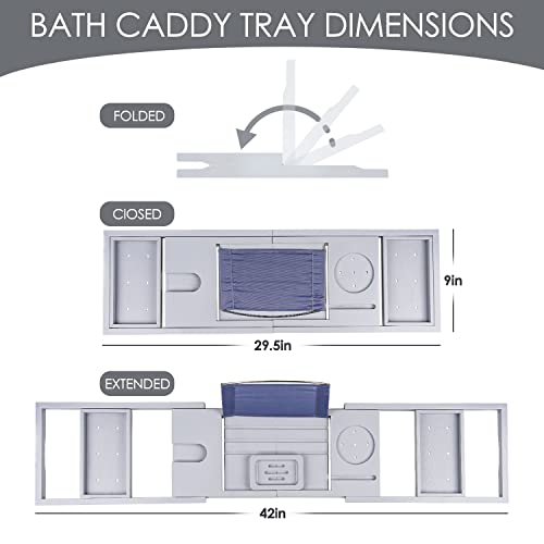 Foldable Bathtub Caddy Tray, Bamboo Bath Tub Tray Table for Tub with Wine Glass Holder Book Phone Tablet Holder with Extending Sides, Adjustable Bathroom Bathtub Free Soap Holder Gift Idea (Grey) - color: Gray