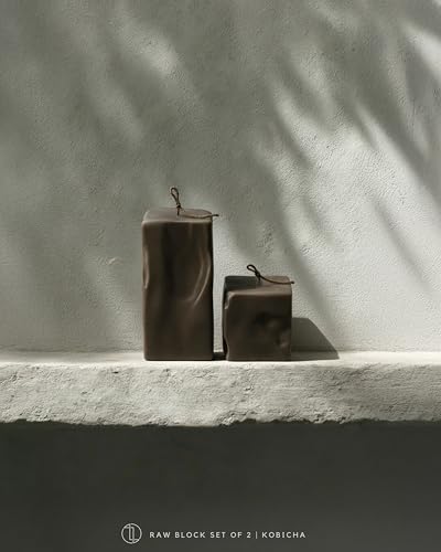 LAWA Raw Block Set of 2 Candle - Beautiful Handmade Pillar Scented Soy Wax Elegant Aesthetic Candle Housewarming Gift Home Room Shelf Decor Idea (Kobicha, Set of 2) - color: Kobicha, size: Set Of 2
