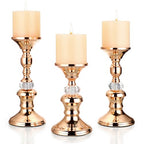OwnMy Set of 3 Rose Gold Metal Pillar Candlestick Holders Brass Pillar Candle Holders for 3 Inch Candles, Elegant Metal Crystal Candle Stands for Dining Table, 6.7"+8.3"+9.3" Height Set