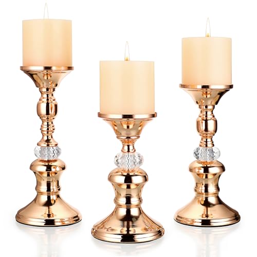 OwnMy Set of 3 Rose Gold Metal Pillar Candlestick Holders Brass Pillar Candle Holders for 3 Inch Candles, Elegant Metal Crystal Candle Stands for Dining Table, 6.7"+8.3"+9.3" Height Set