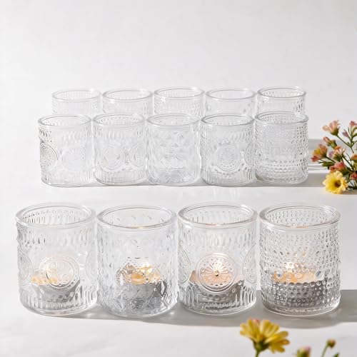 LETINE 16 Pcs Clear Glass Votive Candle Holders, Set of 4 Assorted Embossed Patterns, Tealight Candle Holders Bulk for Spring Summer Wedding Table Centerpieces, Valentine's Day & Party Decorations - color: Clear