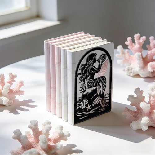 WADORN 1 Pair Mermaid Metal Decorative Bookend for Shelves, Heavy Duty Book Ends Modern Non-Skid Books Holder Stand Black Book Support Stoppers for Desk Bookshelf Office Home, 5.3x4.3x7.8 Inches - color: Mermaid