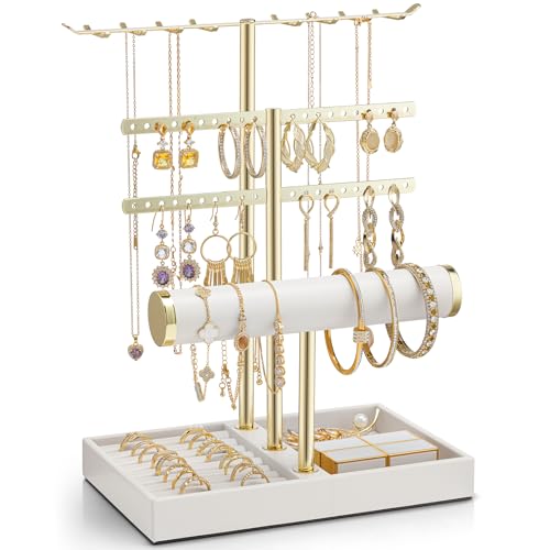 VLANDO 3 Tier Jewelry Stand Organizer with Tary, Leather Jewelry Holder Display for Women, Gold Jewlery Holder Display for Necklace, Earring, Bracelet, Rings - White - color: A. White, size: 3-Layer