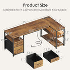 AODK 55 inch L Shaped Computer Desk with Drawers, Reversible Computer Desk with Storage Shelves, Home Office Desk with Built-in Power Outlet, Rustic Brown - color: Rustic Brown, size: 55 Inch
