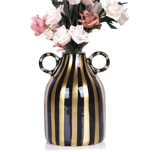 Ceramic Black and Gold Hand-Painted Striped Decorative Vase for Modern Bohemian Pampas Grass Decoration, Dining Table Centerpiece, Tabletop, Living Room, Home Decor Aesthetics (C) - color: Black Gold
