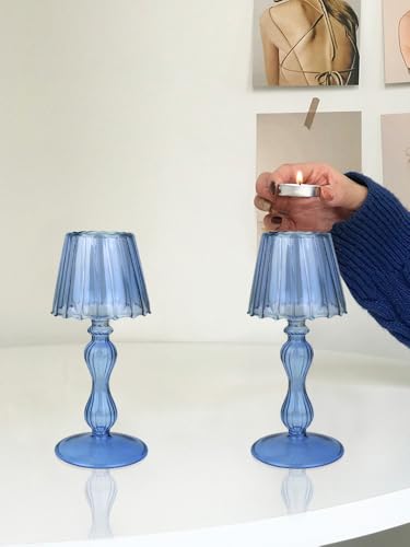 Gurfuy Desk Lamp Shaped Glass Candle Holder - Glass Hurricane Candleholder Crystal Decorative Candle Stand for Table Wedding Dinning Centerpieces Party Supplies Decor NavyBlue - color: Navyblue