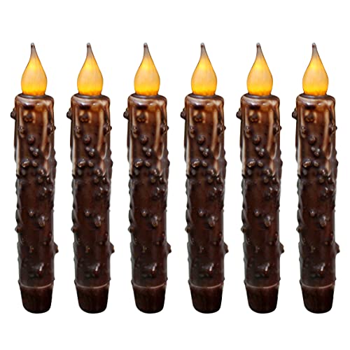 CVHOMEDECO. Real Wax Hand Dipped Battery Operated LED Timer Taper Candles Rustic Primitive Flameless Lights Décor, 6-3/4 Inch, Brwon, 6 PCS in a Package - color: Brown 6 Pcs