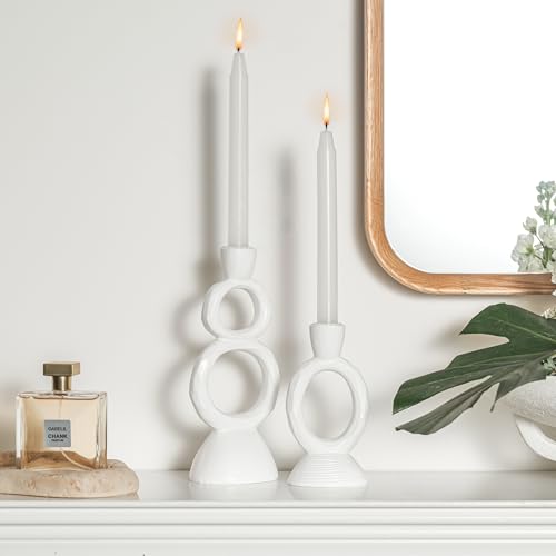 White Taper Candle Holders for Candlesticks, Unique Decorative Candlesticks Holder Home Decor Set of 2 for Fall Thanksgiving Wedding Table Centerpiece Decorations, Modern Aesthetic Room Decor（Resin） - color: White