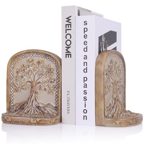 Tree of Life Bookends, Wood Color 2 Non-Skid Heavy Decorative Bookends for Shelves Or Bookcase, Elegant Bookends for Library Office Decor, Home Décor Gift - color: Wood Color