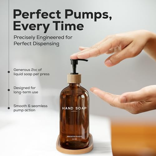 Amber Glass Soap and Lotion Dispenser Set with Tray by Brighter Barns - Hand Soap Dispenser Bathroom Set - Glass Bottles with Pump - Bamboo Home Accessories & Modern Bathroom Decor for Airbnb (Amber) - color: Amber Sl