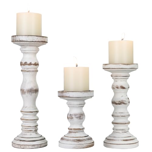 Candle Holder for Pillar Candle Set of 3, Farmhouse Wood Candle Holder, Rustic Wooden Candle Stand, Vintage Tall Candle Stand Decorative for Living Room, Table Centerpiece (Antique White) - color: Antique White, size: Set of 3
