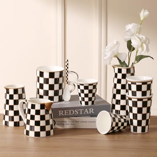 Porlien Checker Porcelain Flower Vase Home Decor Set of 2 with 5.5' High and 8' High Small Indoor Flower Bottles