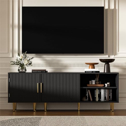Housoul Combined Modern TV Stand for 55/60/65 inch TV, Small Fluted Entertainment Center with Adjustable Shelf, TV Media Stand with Storage Cabinet, TV Console for Living Room, Bedroom, Black - color: Black, size: 55" L