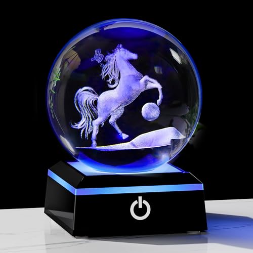 Qianwei Horse Gifts for Women 3D Crystal Ball 3.14'' - Laser Horse Decor Glass Animals Gifts Figurines Statue Stuff for Room Decorations Night Light - style: Horse