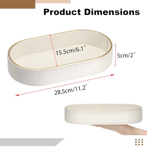 Hipiwe PU Leather Valet Tray with Gold Line Perfume Vanity Tray Catchall Tray for Jewelry Trinket Oval Bedside Nightstand Organizer for Home Decor, White - color: White