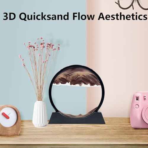 Moving Sand Art Liquid Motion, 3D Deep Sea Sandscape Color Quicksand Decor, Round Glass Moving Sand Art Picture Relaxing Desktop Home Office Work Decor (12 inch-Coffee) - color: Coffee, size: 12 Inch