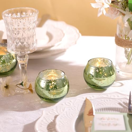 LAMORGIFT 12 Pcs Green Candle Holder for Wedding Decor- Sage Green Mercury Glass Votives for Bridal Shower, Tea Party Table Centerpieces, Vintage Rustic Wedding - color: Green