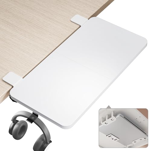 PEGZONE Desk Extender Tray, 24" x 12" Clamp On Shelf, Desk Extension with Laptop Holder, Table Arm Rest, Clamp On Keyboard Tray for Office and Home, Workstation Organizer, Medium, White - size: 24 x 12 inch, style: White with laptop shelf