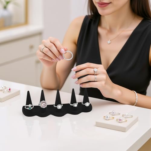 KUKUVR Velvet Ring Display Stand, Finger Jewelry Organizer for Retail Show, Personal Vanity, and Travel – Black Ring Holder for Engagement Rings, Wedding Bands, and Fashion Jewelry (Black 5 Fingers) - color: Black 5 Fingers