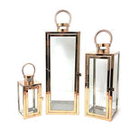 Allgala 3-PC Lantern Set 23 Inch Jumbo Deluxe Modern Indoor/Outdoor Candle Lantern Set Stainless Steel Frame Tempered Glass Rectangular Rose Gold for Garden Poolside Fireplace Wedding - color: Cuboid Rose Gold