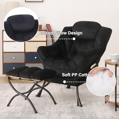 Tiita Lazy Chair with Ottoman, Black Modern Large Accent Chair, Comfy Leisure Sofa Armchair with Ottoman, Reading Chair with Footrest for Bedroom, Living Room, Dorm Rooms, Velvet Black - color: Black