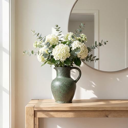 Green Ceramic Vase for Home Decor, 8 inch, Farmhouse Rustic Flower Vase, Single Handle, Shelf Decor, Table, Centerpiece, Living Room, Office Desk, Gift - color: Green-8"