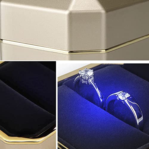 Luxury Ring Box, Square Velvet Wedding Ring Case Jewelry Gift Box with LED Light for Proposal Engagement Wedding, Gold - color: Gold, size: Ring Box