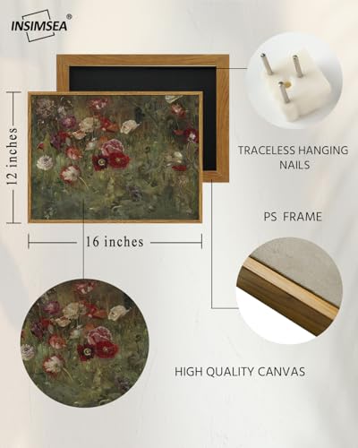 InSimSea Framed Canvas Wall Art Vintage Decor, FLoral Wall Art Decorations Classical Oil Painting Canvas Prints A Bed of Poppies Retro Home Decor Gifts, 12"x16" - color: A Bed of Poppies, size: 16"L x 12"W