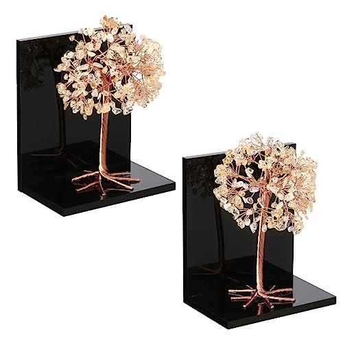 mookaitedecor Natural Citrine Crystal Money Tree Stones Bookends, Decorative Acrylic Stone Tree Book Ends for Shelves Desktop Organizer Home Office,5.7-6.3inch (1 Pair) - color: Yellow, size: 5.7-6.3 Inch