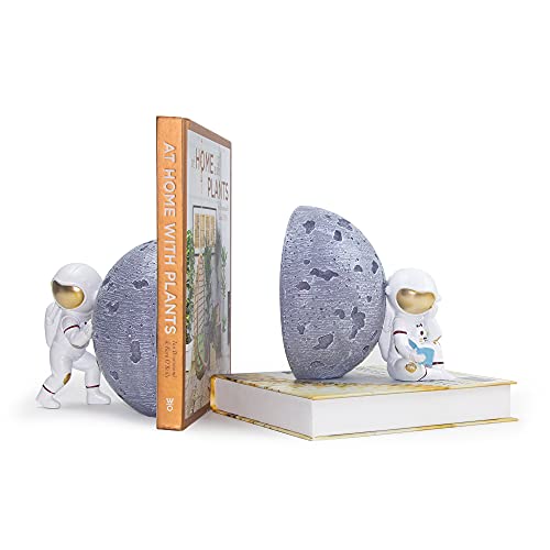 Heavy Duty Astronaut Bookends, Space-Themed Book Ends for Kids Room & Nursery Decor, Gray Moon Book Stoppers to Hold Books, Decorative Bookends for Shelves, Ideal for Boys and Girls - color: Gray