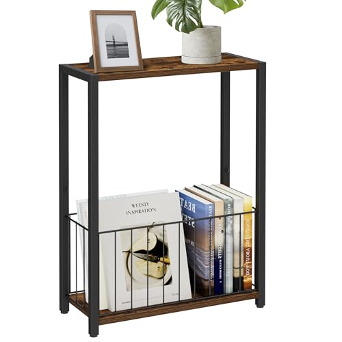 Homleke Narrow Side Table with Magazine Holder, Skinny End Table Perfect for Small Spaces, Space-Saving Design for Living Room, Bedroom, or Office, 7.1" D x 16.9" W x 23.6" H, Rustic Brown - color: Rustic Brown - Standard