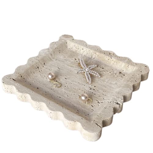 Vintage Natural Marble Tray Small Ornaments Scalloped Tray Handmade Storage Dish for Counter, Vanity, Dresser, Nightstand and Desk (Beige Travertine) - color: Beige Travertine