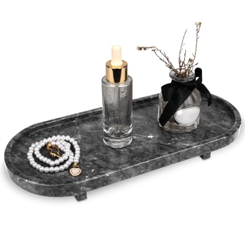 Marble Oval Bathroom Vanity Tray with Leg,Natural Stone Small Decorative Tray,Soap Dispenser Dresser Top Perfume Home Kitchen Toilet Tray for Soap Bottles, Key Trinket Ring (Black Grey)