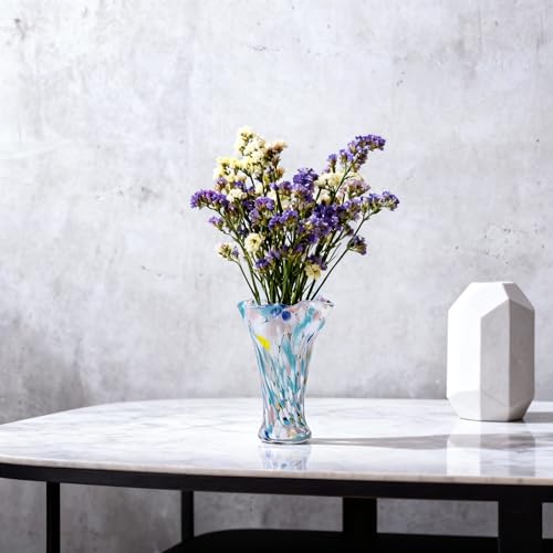 9.1H Murano Hand Blown Glass Vase, Ruffled Scalloped Rim Trumpet Shape, Wide Mouth Colorful Decorative Glass Vase, Sculptural Art Centerpiece for Living Room Table, Bathroom, Office Shelf(Blue-Yellow) - color: Blue-yellow