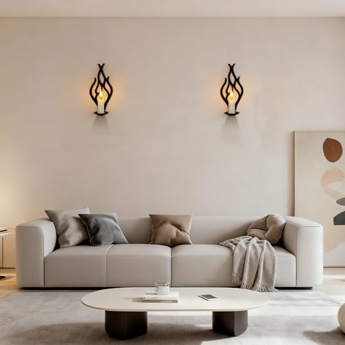 Wall Candle Sconces Set of 2, Modern Minimalist Metal Candle Holders for Pillar, Tealight, and LED Candles, Flame-Shaped Decorative Wall Decor for Living Room Dining Room (Black) - color: Black Flame-shaped