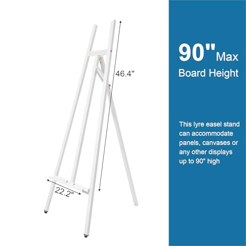 A - Frame Wooden Display Easel - Adjustable Lyre Beechwood Studio Easel Stand Holding Canvas Up to 90", Inclinable Artist Floor Painting Easel for Artwork Painting, White - color: White