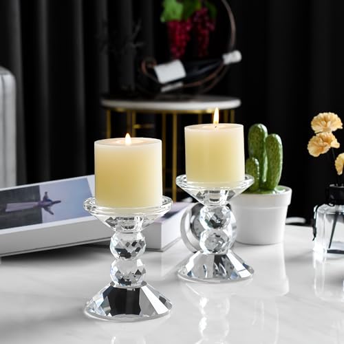 2-Pack Crystal Candle Holders, Clear Crystal Taper or Pillar Candlesticks, Table Centerpiece Home Decor for Wedding, Dining, Party(4.9in Tall)