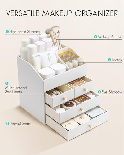 VLANDO Makeup Organizer Countertop,Large Vanity Organizer PU Leather Make up Storage with 4 Drawers Skin care Organizer Cosmetic Display Case for Lipstick,Brushes,Bedroom-White - color: 4 layers-White