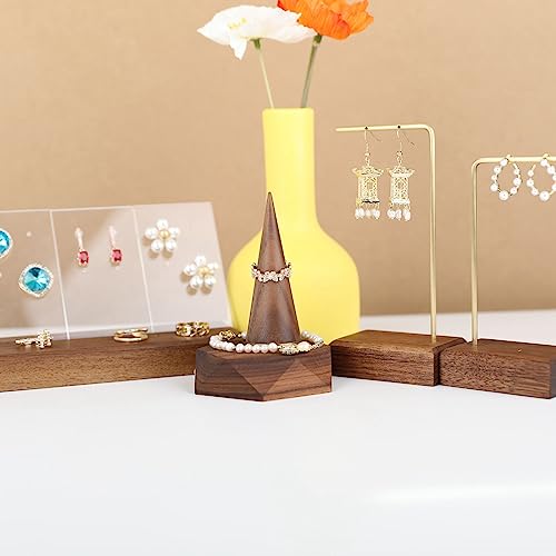 GemeShou wood ring holder for jewelry, 2pcs ring display stand with brass base, walnut ring cone stands for jewelry selling【Ring holder-2pcs】