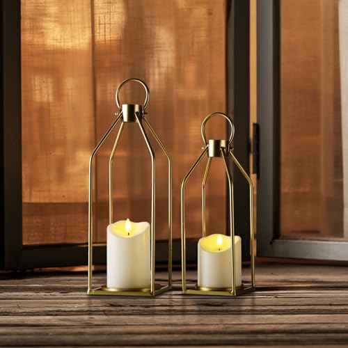 Homemory Modern Farmhouse Lantern Decor with Waterproof Flameless Candle & Remote Timer, 2PCS Gold Metal Candle Lantern Decorative for Outdoor Indoor Home Living Room Patio Porch Table (Gold) - color: Gold