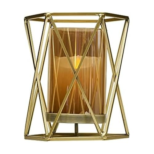 Elements 6.89x5.91x8.07 Inch Metal Gold Wire Hexagonal Candle Holder, Amber Glass Cylinder, for Use with Pillar Holder, Modern, Contemporary