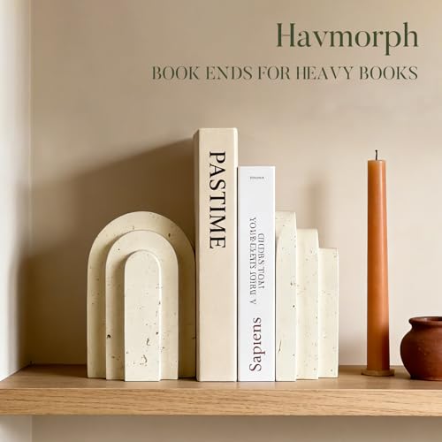 Book Ends for Heavy Books, Beige Modern Pleasing Layered Arch Design Aesthetic Bookend Decorative, Concrete Book Ends to Hold Books Heavy Duty for Bookshelf Decor, Home Decor, Office Decor