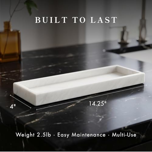 Bey-Berk Atticus Marble Bath Tray (White), 14.25" x 3.75" x 4", Genuine Stone Vanity Organizer - color: White