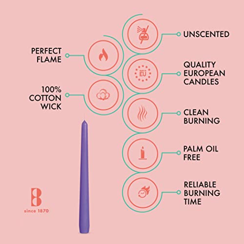 BOLSIUS 10 Inch Purple Taper Candles - 8 Hours Burn Time - Premium European Quality - 10 Pack Unscented Smokeless & Dripless Household Taper Candlesticks - Perfect for Church, Party, & Everyday Use - color: Purple, size: 10 Count