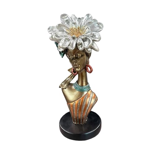 Lescafita African Woman Art Sculpture with Silver Floral Crown, Metallic Art Statue,Elegant African-Inspired Art Gift Suitable for Various Settings Such as Home, Bookshelves, desks, or Offices - color: 704-color
