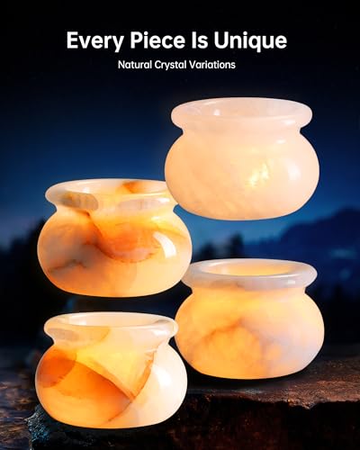 Natural Calcite Tealight Candle Holder, Crystal Bowl, Hand Carved Solid Stone Bowl, Unique Crystal Pattern, Decorative Candle Holder for Home Decor, Bathroom, Meditation, Gift